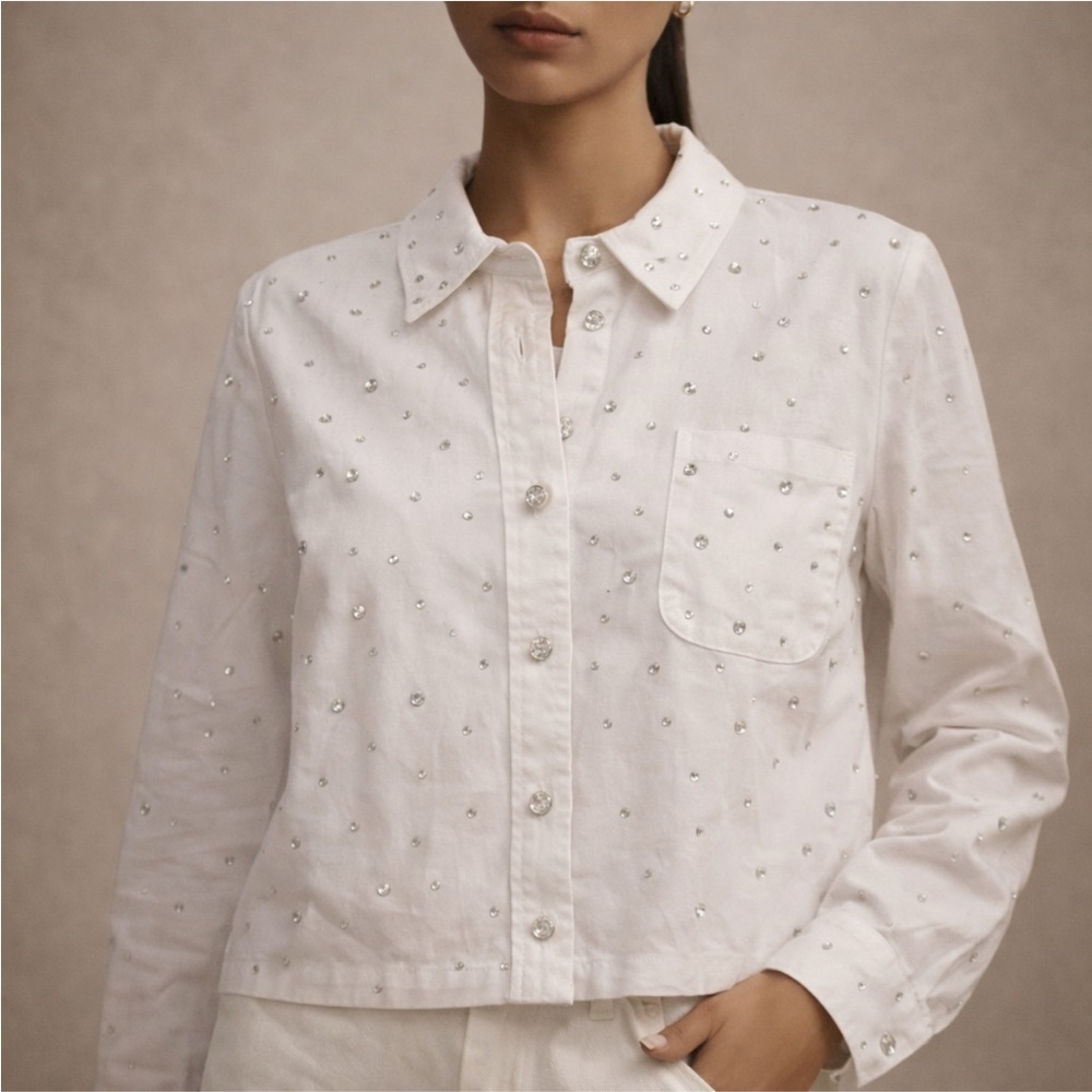 KIWI White Rhinestone Button-Down Shirt – Size S